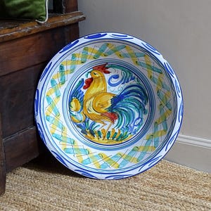 Vintage Spanish Triana Pottery Lebrillo, Cockerel Decor, Hand Painted Bowl (17.7")
