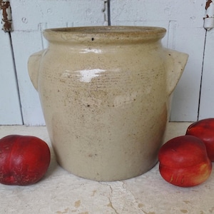 8.7&quot; Antique French Stoneware Confit Jar with Grey Beige Glaze, Old Pottery Pots, Ceramic Utensil Holder, Farmhouse Decor, Country Kitchen