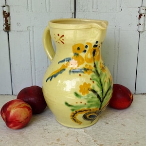 8.7&quot; Vintage French Ceramic Jug with Yellow Glaze and Hand-Painted Flowers, Pottery Pitcher, French Tableware, Country Farmhouse