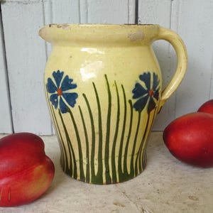 6&quot; French Antique Pottery Jug with Blue Hand Painted Flowers, Yellow Pitcher, Old Ceramic Jug, French Farmhouse, Cottagecore Decor