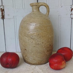 10.1&quot; Antique French Stoneware Pitcher, Old Pottery Jug, 19th Century Ceramic Pot, Beige Colour Glazed Stoneware, Rustic Farmhouse Decor