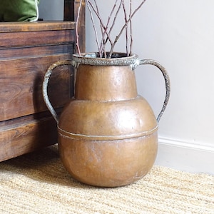 Grote Franse antieke koperen waterpot, 18e-eeuws decor, vloervaas of vaartuig met handgrepen, rustieke boerderij decor 16,1"