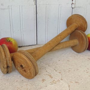 14.2&quot; Large Pair of Vintage Wooden Bobbins, Old Wood Spools, French Textile Mill, Industrial Spools, Rustic Wood Decor