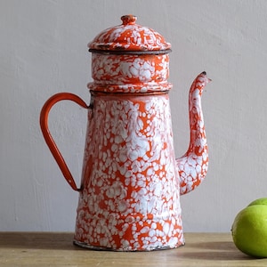 Caffettiera francese vintage in smalto rosso e bianco, caffettiera in smalto marmorizzato, caffettiera smaltata, caffettiera a filtro smaltata, arredamento da cucina in stile country, 5,7"