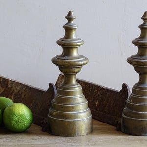Peut inclure: Une paire de chenets en laiton avec des embouts étagés en forme de pointe et une base circulaire large. Chaque pièce en laiton est fixée à une longue barre de support en fer rouillé. Trois citrons verts sont placés au premier plan.