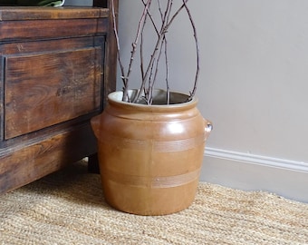Large Antique French Ceramic Confit Pot, Salt Glaze Farmhouse Decor, 12.6" -USA Duties Included
