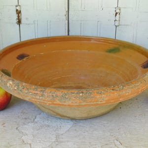 18&quot; Large French Antique Pottery Bowl with Orange Glaze, Rustic Earthenware Bowl, Glazed Terracotta, Old Farmhouse Pottery, Country Decor