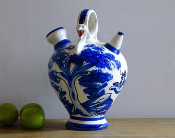 Spanish Vintage Blue and White Ceramic Gargoulette, Manises Pottery Water Pitcher or Cruche, Glazed Jug, Farmhouse Decor 11.4"