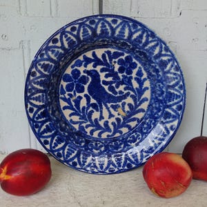 9.45" Spanish Antique Fajalauza Pottery Bowl with Blue Hand-Painted Bird, Tin Glazed Earthenware Bowl or Lebrillo, Ceramic Wall Bowl Decor