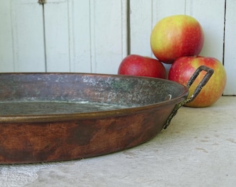 16&quot; French Antique Copper Gratin Pan, Copper Cookware, Oval Casserole Dish, Rustic French Country Farmhouse Kitchen Decor