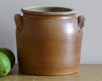 Antique French Confit Jar, Brown Salt Glaze Stoneware Crock, Rustic Farmhouse Decor 6" -USA Duties Included