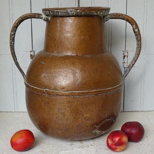16.1&quot; Large French Antique Copper Water Pot, 18th Century Decor, Floor Vase or Vessel with Handles, Rustic Country Farmhouse Kitchen