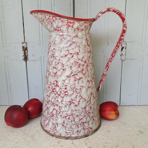 13.6" Large French Vintage Red and White Enamelware Pitcher, Marbled Enamel Jug, Enamelled Vase, French Countryside Decor, Farmhouse Decor
