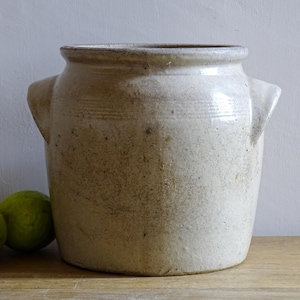 French Antique Stoneware Confit Pot with Grey Beige Glaze, Preserving Jar, Old Pottery Cache Pot, Country Farmhouse Decor 8.7"