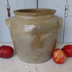 10.6&quot; Large French Antique Stoneware Confit Jar with Grey Beige Glaze, Pottery Cache Pot, Utensils Holder, Country Farmhouse Decor