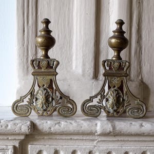 Pair of French Antique Brass Andirons, Ornate Firedogs with Finials, 19th Century 10" -USA Duties Included