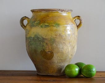 Grote antieke Franse confitpot met geel glazuur, confitpot, geglazuurd terracotta aardewerk, weckpot, boerderijdecor, 19e eeuw 11,4"