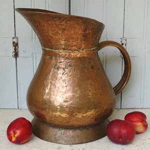 13.4&quot; Large French Antique Copper Pitcher, French Copper Jug, Rustic Copper Decor, Copper Vase, Country Farmhouse Decor, 19th Century Copper