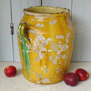 15&quot; Large French Antique Vinaigrier with Yellow and Green Confit Pot Glaze, Glazed Terracotta Pot, Earthenware Vessel, Rustic Farmhouse