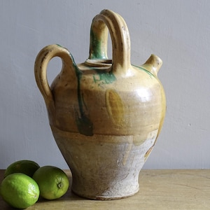 French Antique Ceramic Water Jug or Gargoulette with Yellow and Green Glaze, Provençal Pottery Pitcher 11.8"