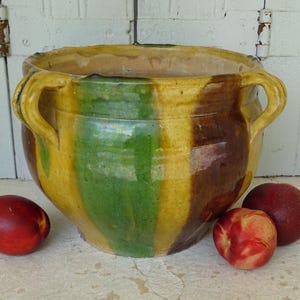 11.6&quot; French Antique Terracotta Planter from Castelnaudary, Green and Yellow Glazed Pottery Jardinière, Earthenware Cache Pot, Accent Decor