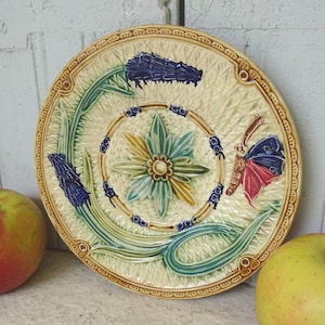 7.9&quot; French Antique Barbotine Plate, Majolica Plate with Flowers and Butterfly, 19th Century Ceramic, Decorative Plate, Wall Decor