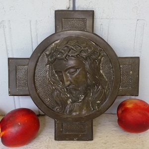 Vintage French Religious Plaque 8.9&quot;, Jesus Wall Art, Wall Cross, Catholic Gifts, Christ on the Cross, Old Crucifix, Religious Item