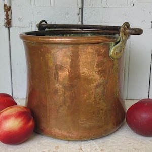 8.1&quot; Small French Antique Copper Cauldron with Wrought Iron Handle, Old Copper Cooking Pot, Copper Planter, Utensils Pot, Farmhouse Kitchen