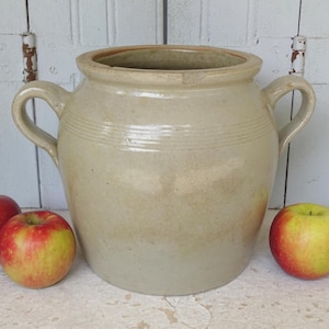 13&quot; Large French Antique Stoneware Confit Pot with Beige Glaze, Glazed Pottery Pot, Ceramic Utensils Holder, Rustic Farmhouse Kitchen Decor