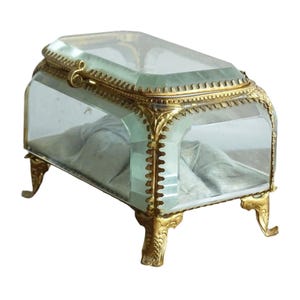 4.7&quot; French Antique Glass Jewelry Box with Silk Interior, Ormolu Trinket Box, Bevelled Glass Box, 19th Century Jewelry Box, Antique Gift