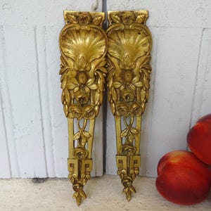 8.6&quot; Pair of French Antique Furniture Pediments in Gilt Bronze, Ormolu Embellishments, Gold Mouldings, 19th Century Decor