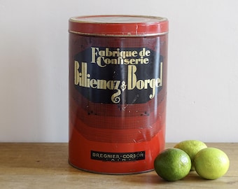 Scatola pubblicitaria francese d'epoca, scatola rossa e oro, contenitore da cucina, vecchio espositore da negozio, contenitore per la conservazione da 10 pollici