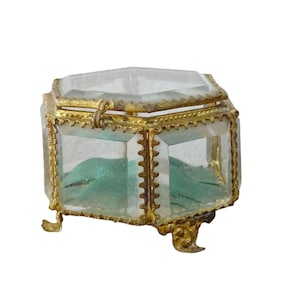 3.5&quot; French Antique Glass Jewelry Box, Hexagonal Bevelled Glass Box with Green Silk Interior, Ormolu Trinket Box, Gilt Box, 19th Century
