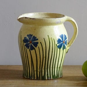 French Antique Pottery Jug with Blue Hand Painted Flowers, Yellow Pitcher, Farmhouse Decor, Old Ceramic Jug, Cottagecore Decor 6"