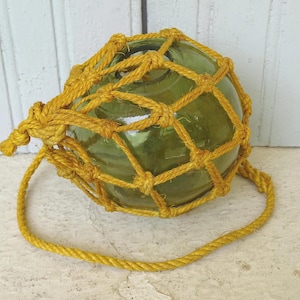 5.1&quot; French Vintage Glass Buoy in Green Glass with Yellow Rope Netting, Handblown Glass Float, Glass Sphere, Fishing Float, Coastal Decor