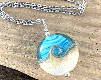 Beach Wave Necklace, Wave Pendant, Beach Necklace, Lampwork Necklace, Ocean Pendant, Blue, Green, Stainless Steel Chain