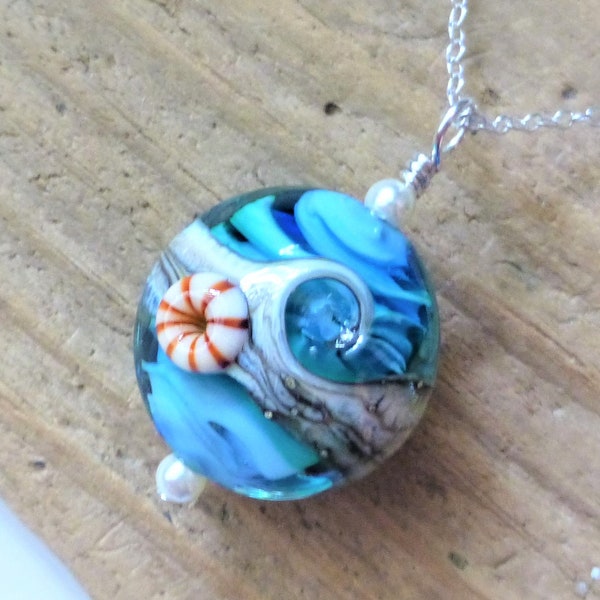 Aqua blauwe Golf Lampwork hanger ketting, ketting van de Oceaan, strand sieraden, sieraden van de Oceaan, zee glas hanger, Sterling Zilver, cadeau voor haar