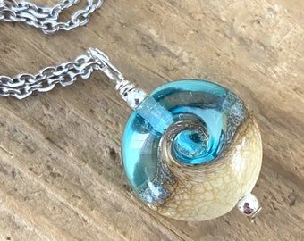 Blue Beach Necklace, Wave Pendant, Small Ocean Necklace, Lampwork Necklace, Beach Lover Gift, One (1) Pendant or Necklace