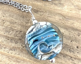 Blue Beach Wave Necklace, Wave Pendant, Beach Necklace, Lampwork Necklace, Ocean Pendant, Blue, Green