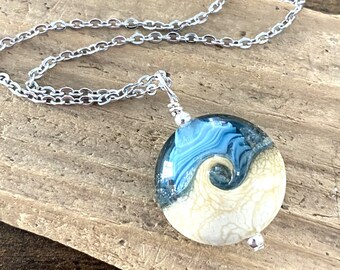 Blue Beach Wave Necklace, Wave Pendant, Beach Necklace, Lampwork Necklace, Ocean Pendant, Stainless Steel Chain