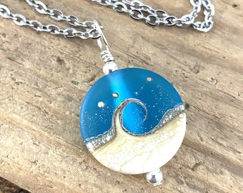 Beach Necklace, Wave Pendant, Small Blue Ocean Necklace, Lampwork Necklace, Beach Wedding, Beach Lover Gift, One (1) Pendant or Necklace