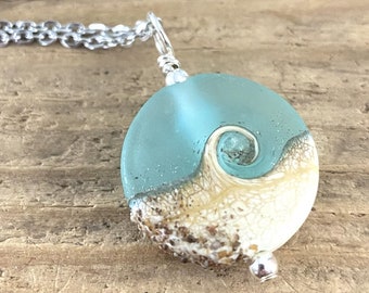 Beach Necklace, Seafoam Wave Pendant, Lampwork Glass Necklace, Ocean Pendant, Stainless Steel Chain, Seafoam Green Blue