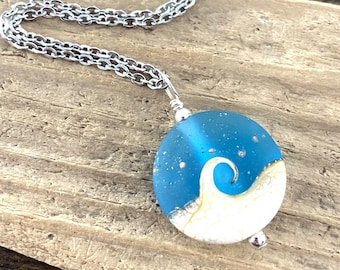 Blue Wave Pendant, Beach Wave Necklace, Beach Necklace, Lampwork Necklace, Ocean Pendant