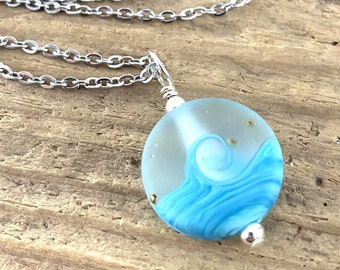 Blue Beach Necklace, Wave Pendant, Ocean Necklace, Lampwork Necklace, Beach Lover Gift, One (1) Pendant or Necklace