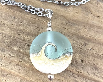 Wave Necklace, Beach Necklace, Ocean Wave Pendant, Lampwork Necklace, Beach Wedding, Beach Lover Gift, One (1) Pendant or Necklace