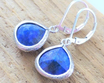 Lapis Lazuli Earrings, Blue Gemstone Earrings, Cobalt Blue Briolette Earrings, Sterling Silver Blue Leverbacks, Birthstone Earrings