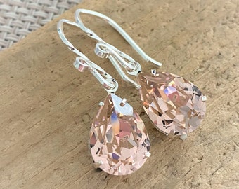 Blush Pink Rose Swarovski Crystal Earrings, Crystal Dangle Earrings, Rhinestone Teardrop Earrings, Bridesmaid Earrings, Sterling Silver