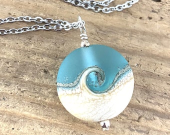 Beach Wave Necklace, Wave Pendant, Beach Necklace, Lampwork Necklace, Ocean Pendant, Seafoam