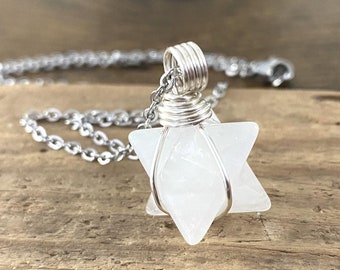 Small Quartz Necklace, ONE (1) Merkabah Star Necklace, Layering Necklace, White Stone Wire Wrapped Pendant, Stainless Steel Jewelry