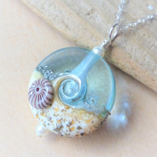 Beach Necklace, Ocean Wave Jewelry, Clear Wave Necklace, Lampwork Glass Necklace, Beach Wedding, Gift for Her, Sterling Silver